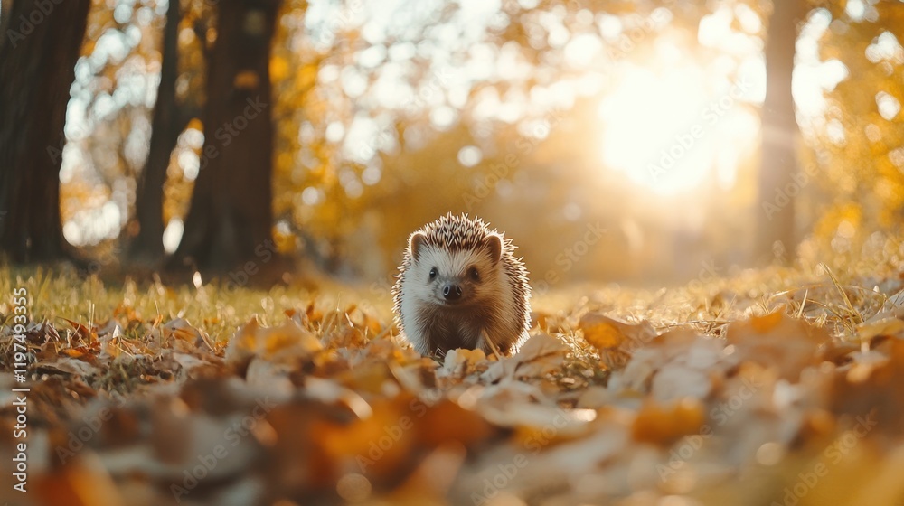 Obraz premium Hedgehog walking through autumn leaves in a sunlit park with copy space for text or branding.