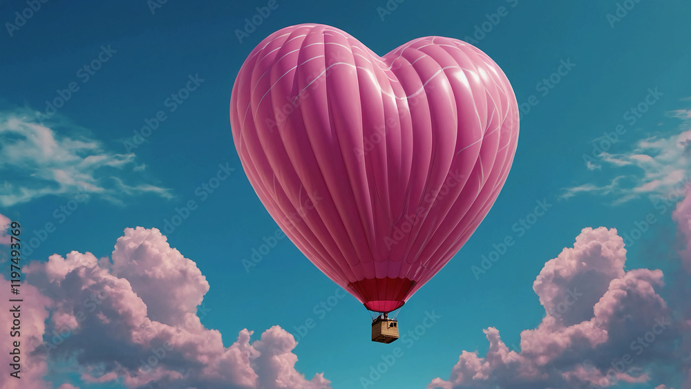 Obraz premium A pink balloon floating in the shape of a heart on a blue background. Very little concept.