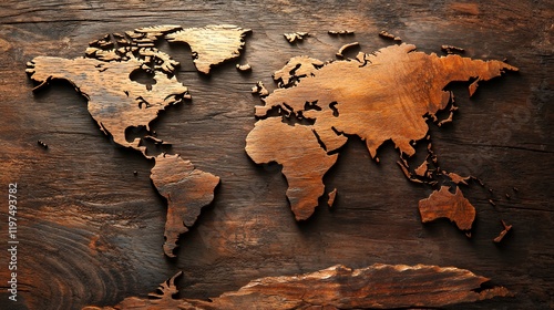 Wooden World Map Carved in Rich Brown Tones