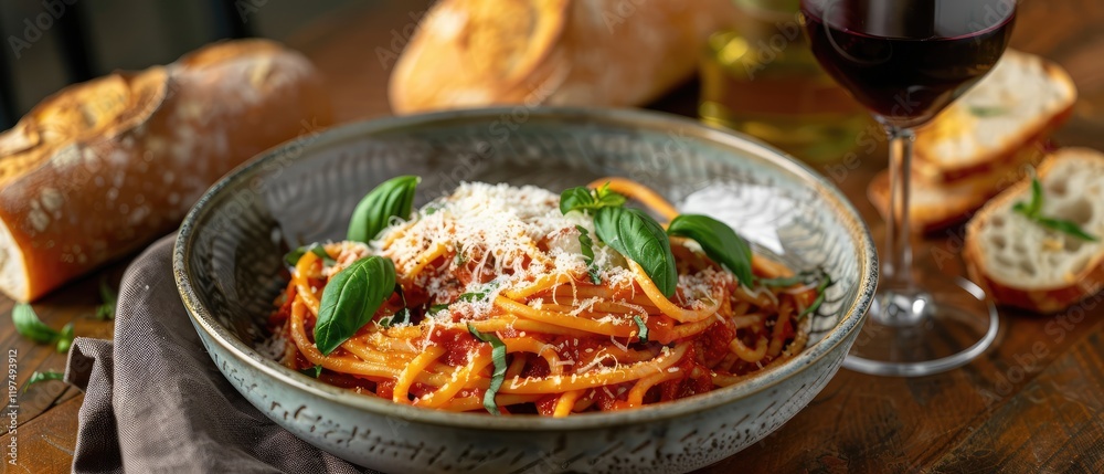Pasta in a bowl with red sauce, green leaves and grated cheese on top. Pasta in a bowl with red sauce, green leaves and grated cheese on top.