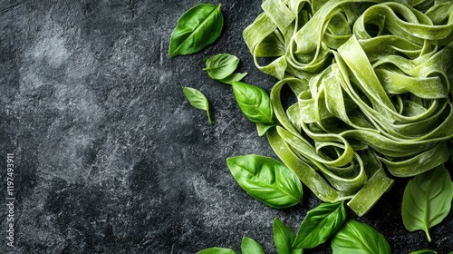 Fresh green fettuccine pasta with basil leaves on dark stone background featuring ample copy space for culinary text and branding photo