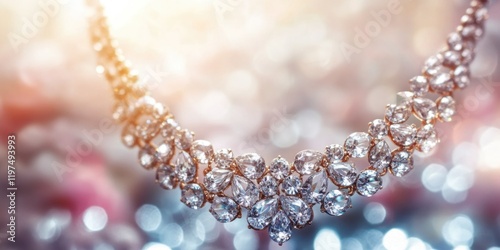 Wallpaper Mural Elegant diamond necklace with intricate design and sparkling gemstones against a blurred background with colorful bokeh Copy Space Torontodigital.ca