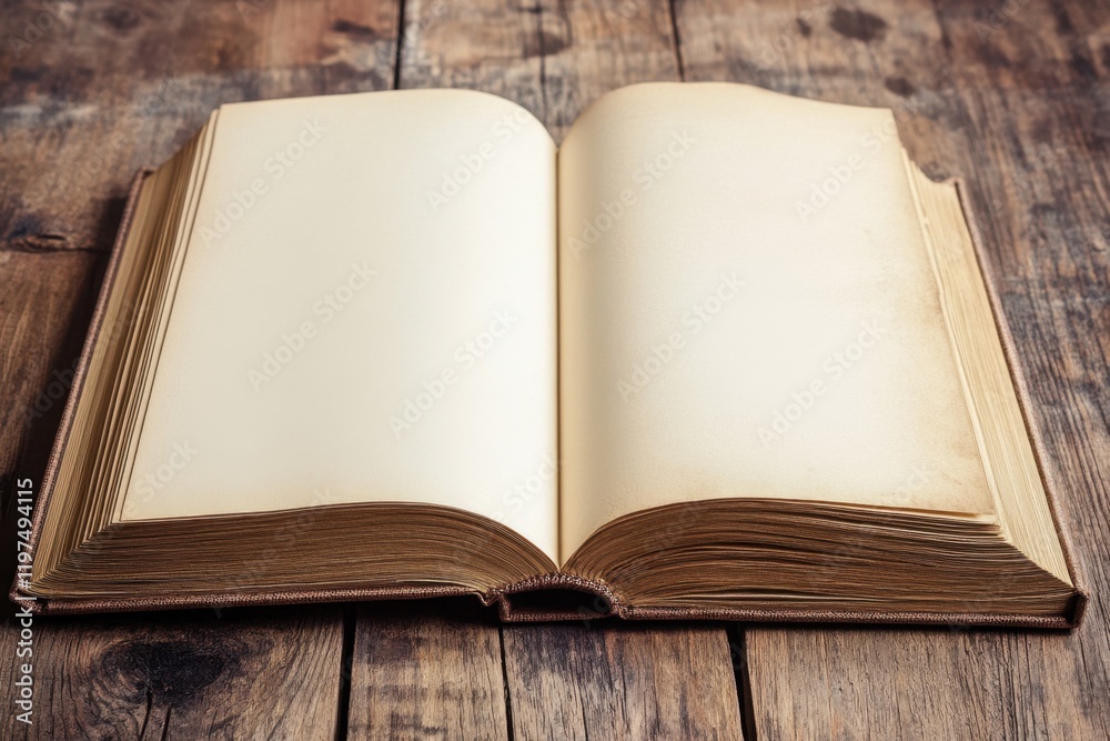 Blank pages waiting for stories to unfold in a vintage book resting on rustic wooden surface Blank pages waiting for stories to unfold in a vintage book resting on rustic wooden surface