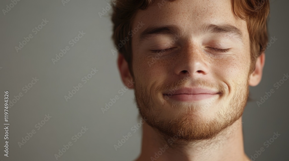 Fototapeta premium Smiling young man with closed eyes expressing tranquility and contentment with Copy Space for text placement