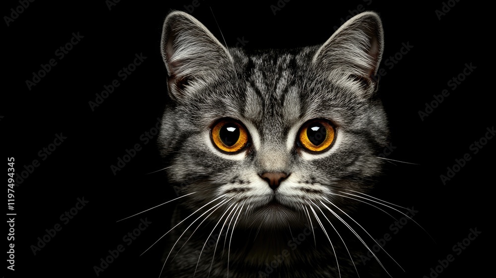 Close-up portrait of a gray tabby cat with striking orange eyes against a black background ideal for pet-related themes and marketing Copy Space Close-up portrait of a gray tabby cat with striking orange eyes against a black background ideal for pet-related themes and marketing Copy Space