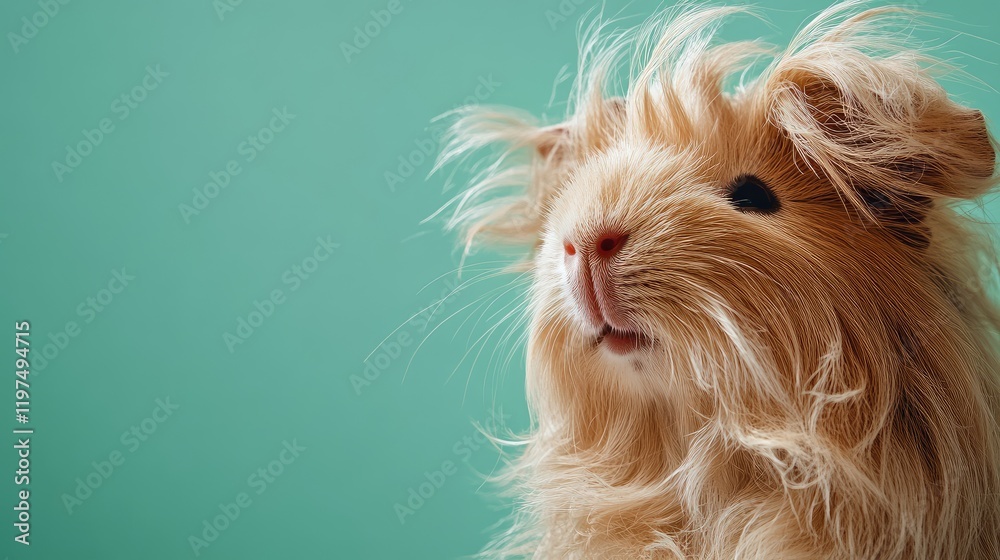 Naklejka premium Fluffy guinea pig portrait with lively fur against a bright green background featuring ample copy space for text insertion.