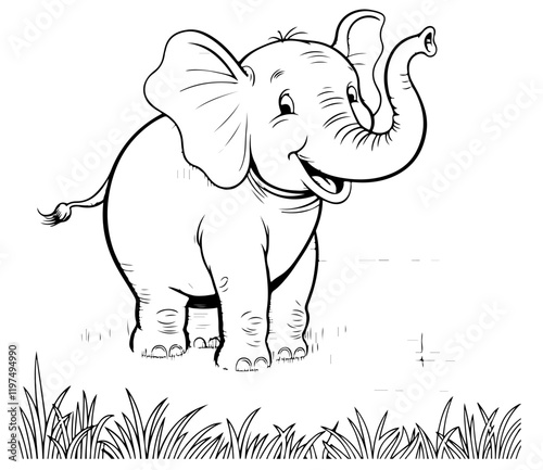 A delightful illustration of a cheerful elephant standing in a grassy field. coloring page ready to print on standard