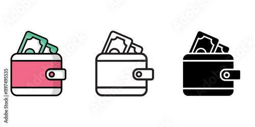 Wallet with money icon. Billfold color symbol. Crypto currency wallet sign. Cash savings pictogram. Purse with dollars illustration.