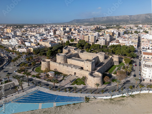 Fototapeta Naklejka Na Ścianę i Meble -  Aerial drone view of the fortress and coastal town of Manfredonia in Puglia, Italy.
