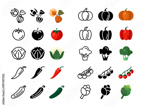 Seasonal vegetables icon set. Tomato and cucumber sign. Paprika and chili peppers symbol. Cabbage cauliflower and broccoli pictogram. Pumpkin illustration.