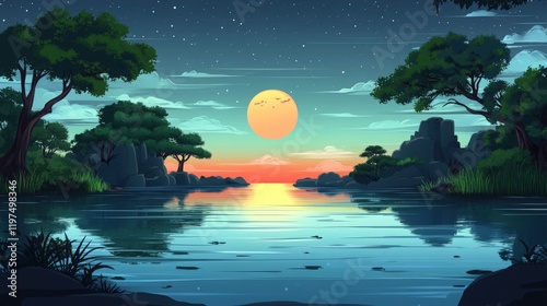 Tranquil lake scene at sunset with trees, rocks and birds, Generated AI photo