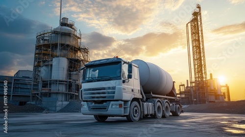 Cement Mixer Truck at Sunset Industrial Plant photo