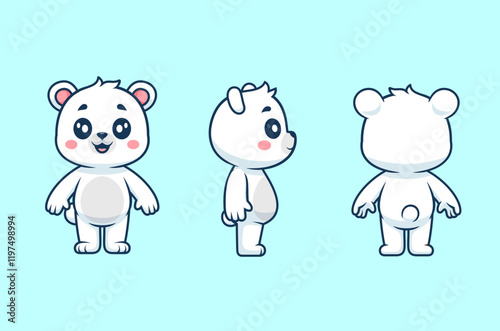 Cute Polar Bear With Front, Side And Back View Cartoon Vector Icon 
Illustration. Animal Nature Icon Concept Isolated Premium Vector. Flat 
Cartoon Style