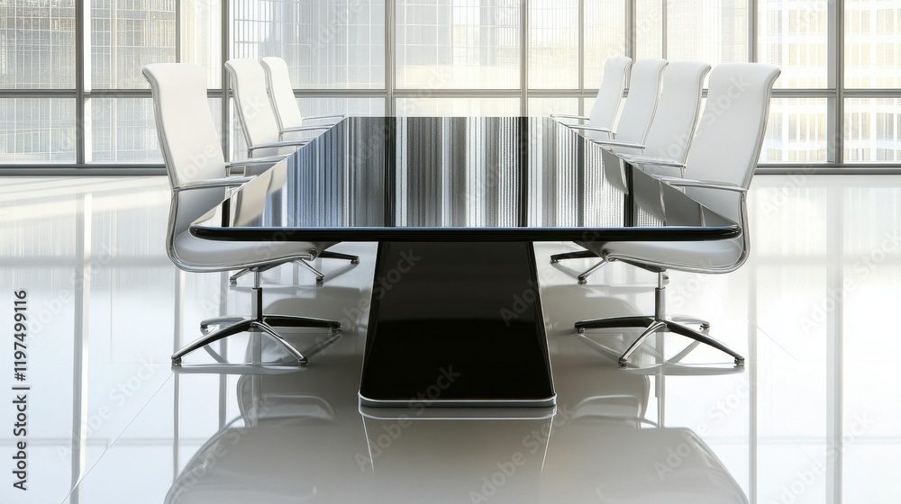 A modern, minimalist meeting space with a sleek black table, white chairs, and a simple, uncluttered layout. A modern, minimalist meeting space with a sleek black table, white chairs, and a simple, uncluttered layout.