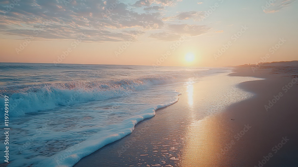 Fototapeta premium Waves gently rolling on a quiet beach during sunrise, capturing tides and reflections on wet sand.