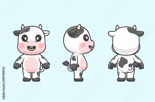 Cute Cow With Front, Side And Back View Cartoon Vector Icon Illustration. Animal Nature Icon Concept Isolated Premium Vector. Flat Cartoon Style