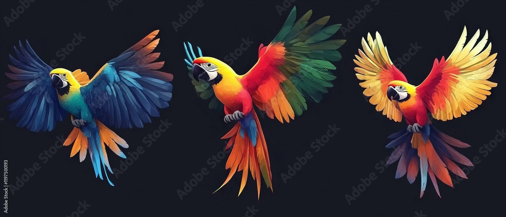 Obraz premium Vibrant tropical birds displaying exotic plumage in mid-flight