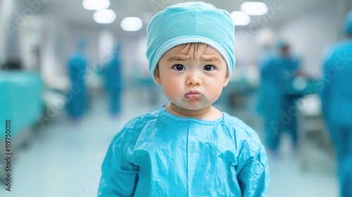 Newborn first cry. A concerned child in a medical outfit stands in a hospital setting.