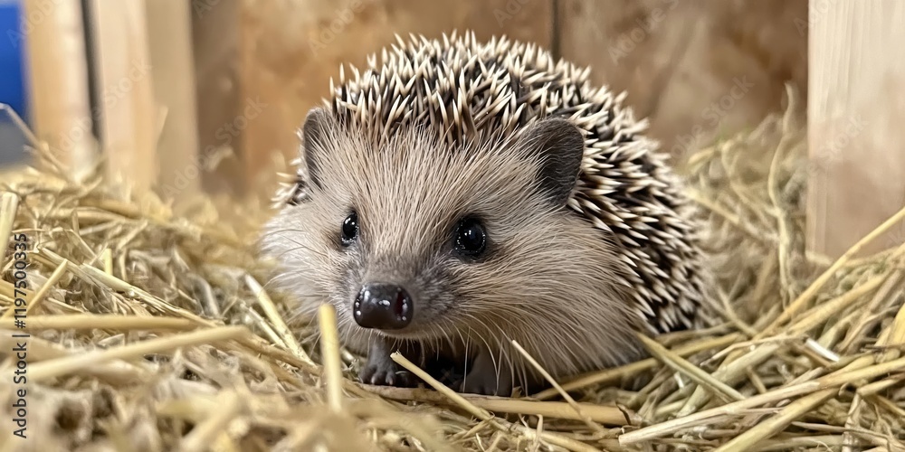 Fototapeta premium Adorable Hedgehog Nestled in Hay Cute Wildlife Animal Portrait