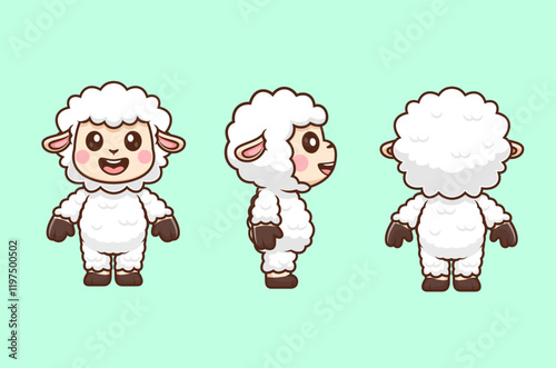 Cute Sheep With Front, Side And Back View Cartoon Vector Icon Illustration. Animal Nature Icon Concept Isolated Premium Vector. Flat Cartoon Style