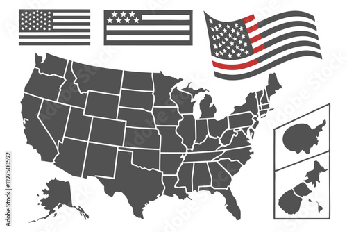 Map of United States, diverse representation, multiple variations, silhouette, outline, solid gray, American flag overlay, patriotic imagery, geographical illustration, state borders,   visua