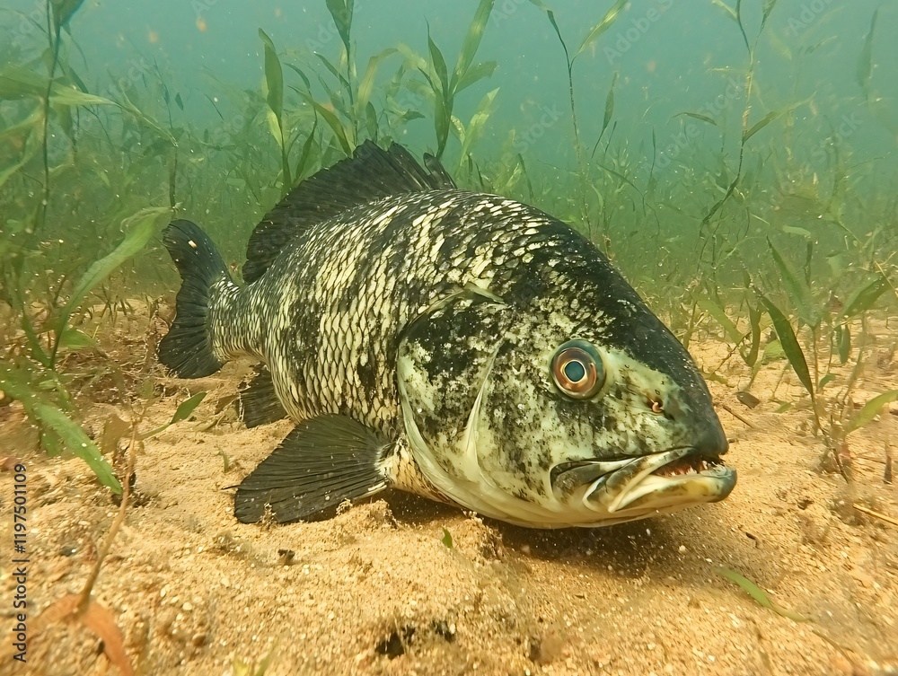 Obraz premium Underwater Close-Up of Speckled Grouper Fish on Sandy Seabed