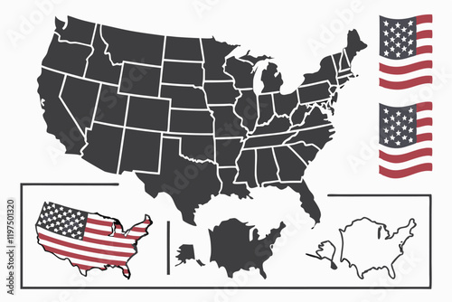 Map of United States, diverse representation, multiple variations, silhouette, outline, solid gray, American flag overlay, patriotic imagery, geographical illustration, state borders,   visua