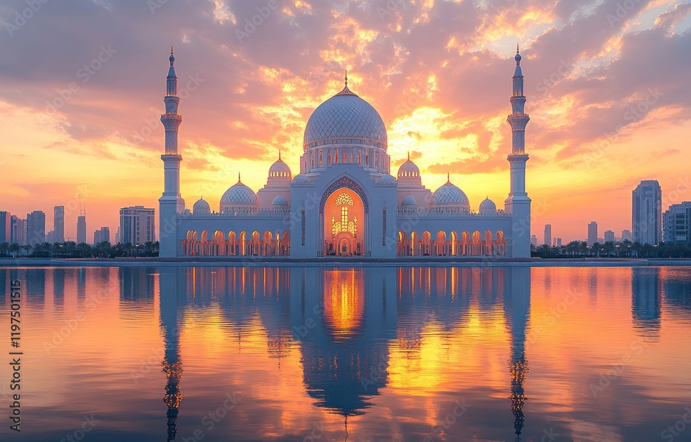 Naklejka premium Sunset Mosque Reflection, Cityscape, Dubai, Peaceful Evening
