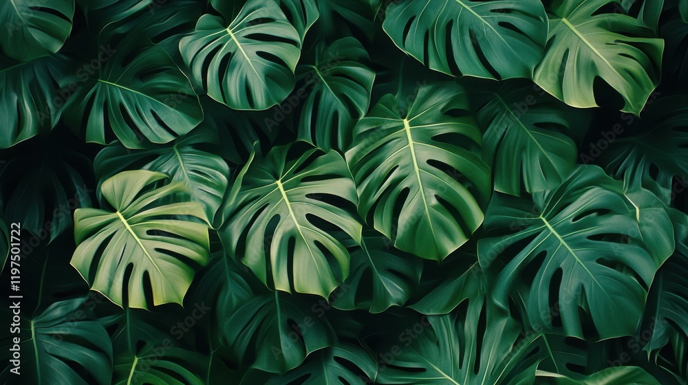 Abstract foliage and botanical background. Green tropical forest wallpaper of monstera leaves, palm leaf, branches in hand drawn pattern. Exotic plants background for banner, prints, decor, wall art. Abstract foliage and botanical background. Green tropical forest wallpaper of monstera leaves, palm leaf, branches in hand drawn pattern. Exotic plants background for banner, prints, decor, wall art.