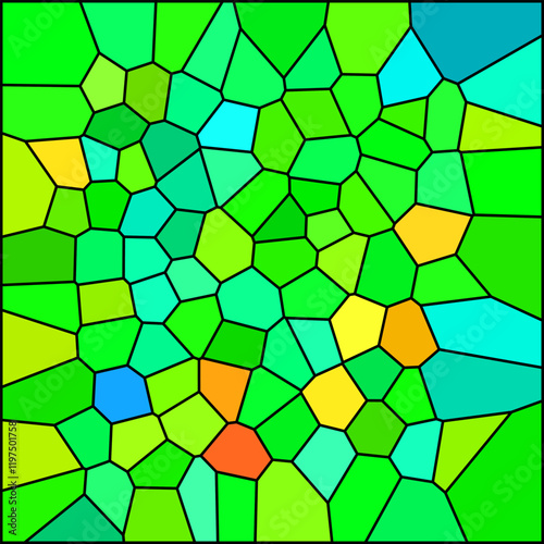 A dynamic abstract design with bold, saturated colors. The irregular polygons form a visually striking pattern.

