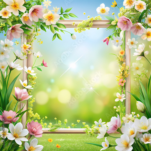 Beautiful Spring Flowers Frame Garden Nature Background Image pink soft calm card white green bloom 