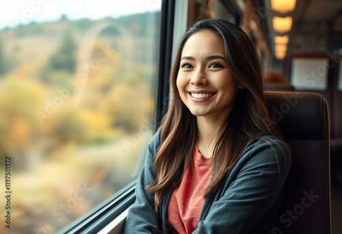 Free Download Woman on train, smiling, scenic view - GFXLoad