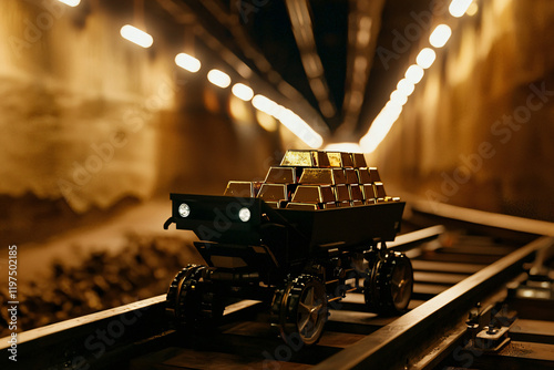 modern mining cart on polished rails, refined gold bars stacked precisely, cool LED lighting photo