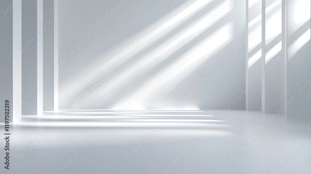 Obraz premium A spacious white space with soft natural lighting casting diagonal shadows. Modern design, combining cleanliness and spaciousness.