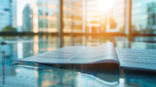 Corporate policy document on a sleek glass desk in a modern office setting, symbolizing professionalism and business clarity. Professional workplace and corporate governance concepts.