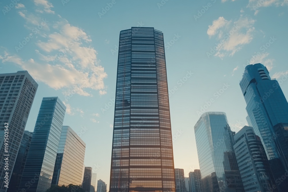 Modern skyscrapers tower against a clear blue sky in a bustling metropolitan city during sunset hours Modern skyscrapers tower against a clear blue sky in a bustling metropolitan city during sunset hours