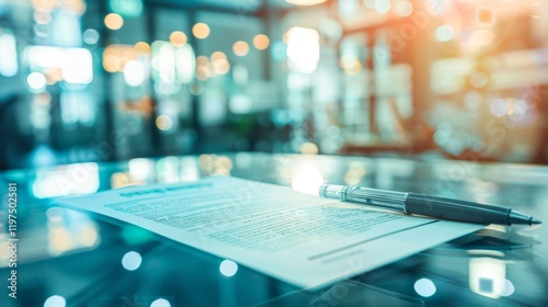 Corporate policy document on a sleek glass desk in a modern office setting, symbolizing professionalism and business clarity. Professional workplace and corporate governance concepts.