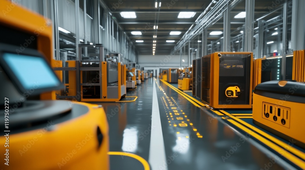 Futuristic Automated Warehouse with Smart Robots and Machinery