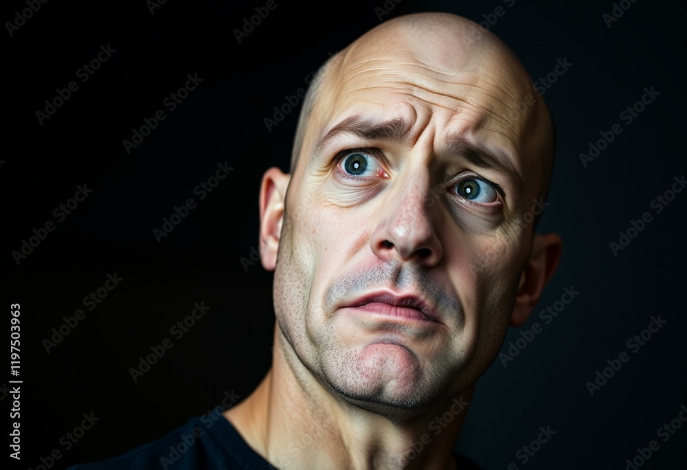Portrait of a bald man with a worried expression Portrait of a bald man with a worried expression