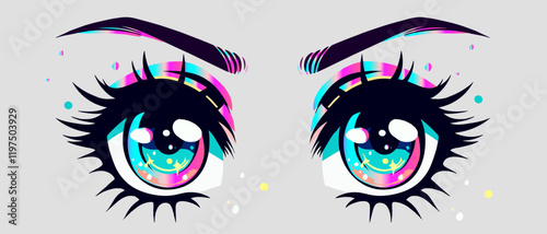 Sparkling blue bright eyes with long eyelashes anime girl. Stylish cartoon illustration in manga comic book style for t-shirt printing. 