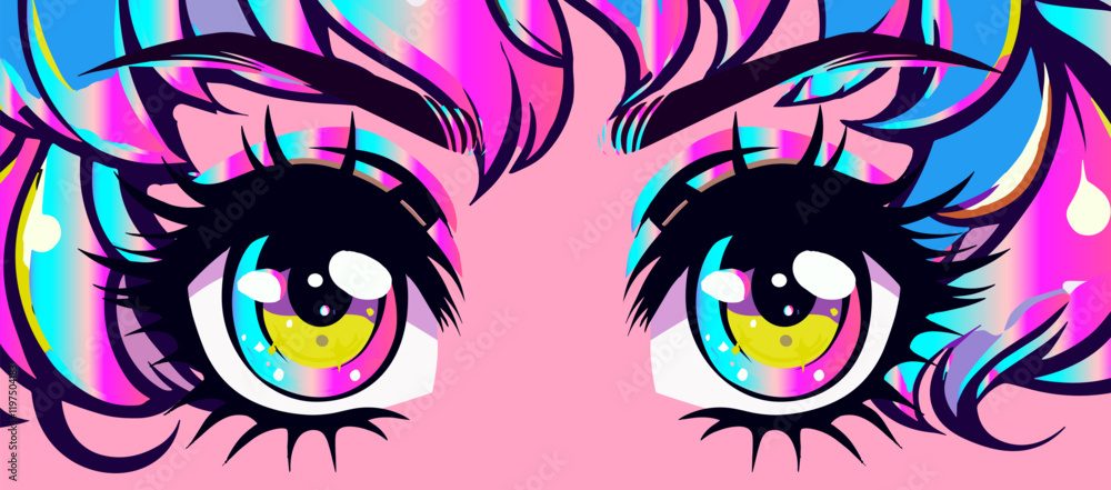Obraz premium Sparkling anime bright eyes in neon colors with long eyelashes. Stylish cartoon illustration in manga comic book style for t-shirt printing.