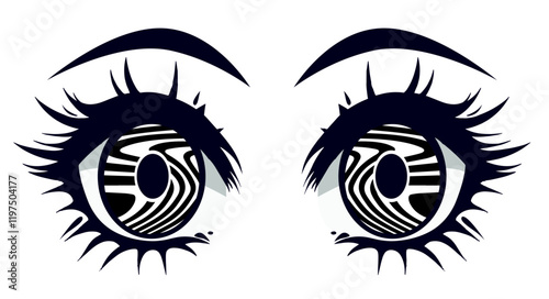Anime girl's psychedelic eyes in black and white colors. Quirky illustration in cartoon style of manga comics.