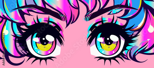 Sparkling anime bright eyes in neon colors with long eyelashes. Stylish cartoon illustration in manga comic book style for t-shirt printing. 