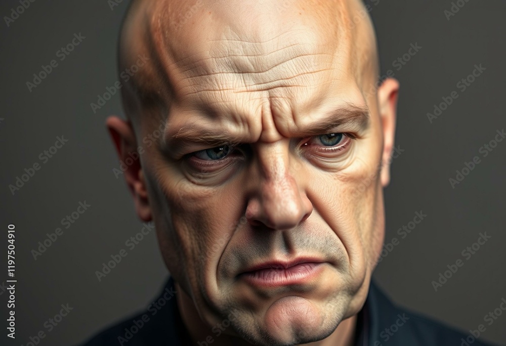 Bald man with scowl and downward cast eyes Bald man with scowl and downward cast eyes