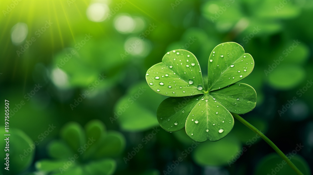 Vibrant green clover with dew drops bathed in golden sunlight, symbolizing luck and renewal in nature's embrace.
