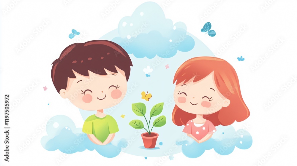 Romantic couple with nature view - Wide angle shot of boy and girl surrounded by clouds and plant Romantic couple with nature view - Wide angle shot of boy and girl surrounded by clouds and plant