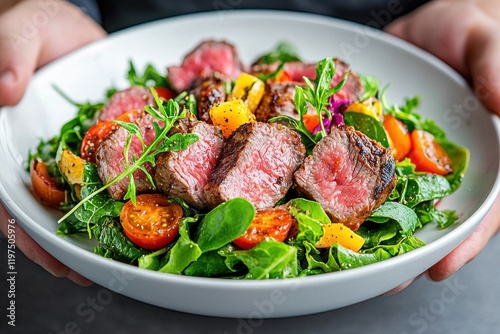 A vibrant salad featuring tender steak slices, cherry tomatoes, greens, and colorful citrus, served in a stylish bowl. photo