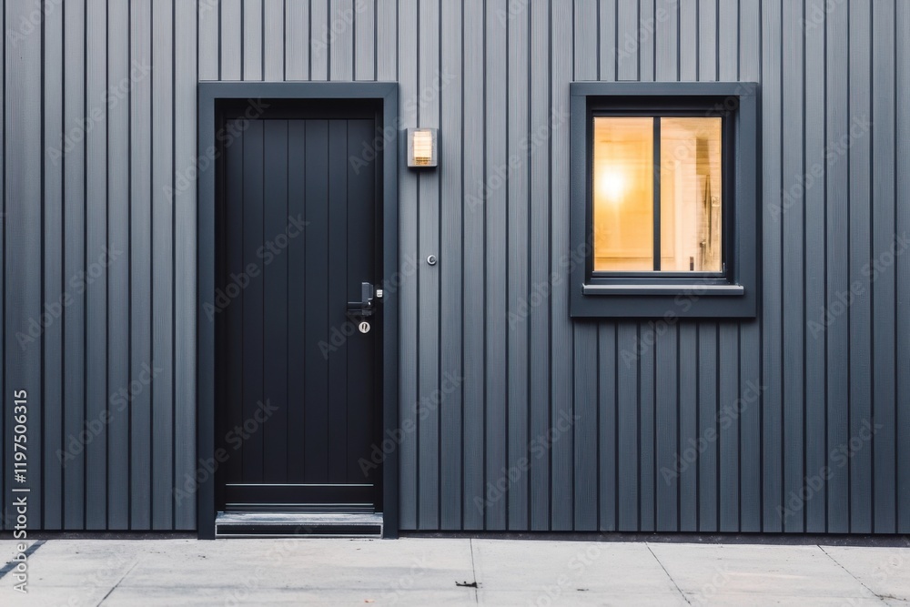 Modern exterior of a home showcasing a sleek black door and a small window, highlighting minimalist design elements in a contemporary residential area Modern exterior of a home showcasing a sleek black door and a small window, highlighting minimalist design elements in a contemporary residential area