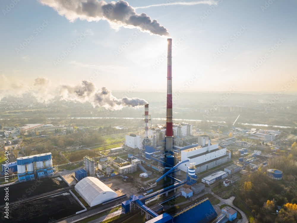 Heavy smog envelops industrial area during sunset, highlighting air pollution crisis and ecological impact