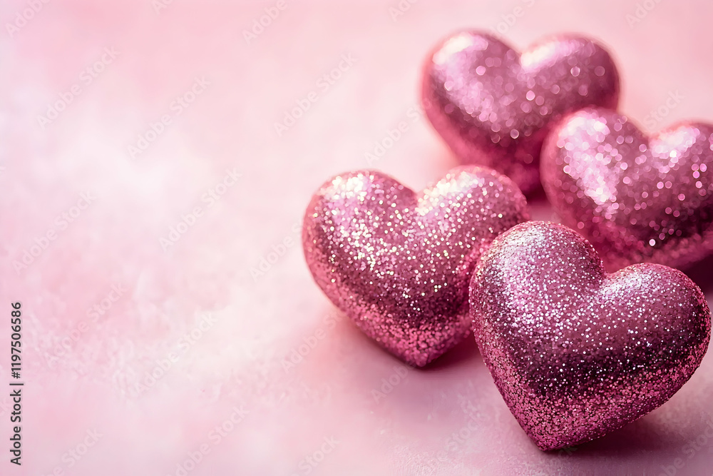 Fototapeta premium Shimmering pink paper hearts placed neatly, isolated on a soft pink background.